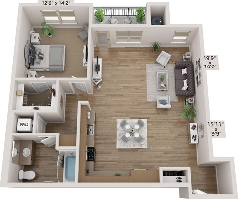 Floor plan for 1 bed, 1 bath, 950 sqft